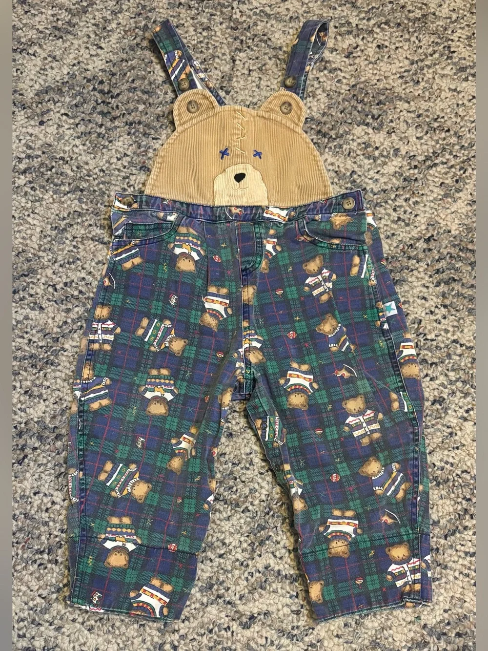 Vintage 90s Little Me Teddy Bear Plaid Overalls 24 Months Corduroy Bib